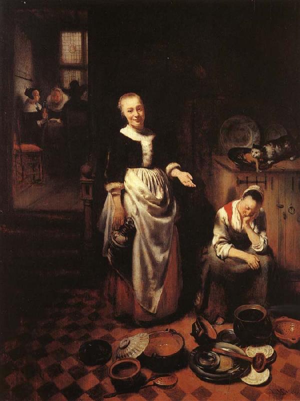 MAES, Nicolaes Interior with a Sleeping Maid and Her Mistress Germany oil painting art